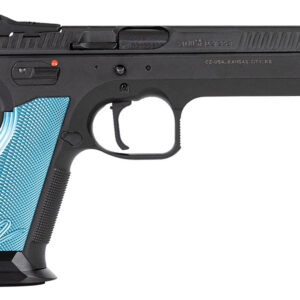 CZ-USA 91222 TS 2 40 S&W 17+1 5.28" Black Steel Barrel, Black Serrated Steel Slide, Black Polycoat Steel Frame w/Beavertail, Blue Checkered Aluminum Grip, Ambidextrous