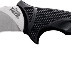 Cold Steel CS49KST Steel Tiger 4.75" Fixed Plain Stone Washed Japanese AUS-8A SS Blade/Black w/Thumb Shelf & Finger Ring Griv-Ex w/Overmold Kray-Ex Handle