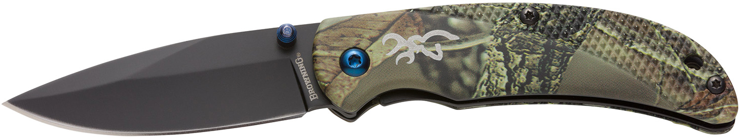 Browning 3220344 Prism 3 EDC Folding 2.38" Plain Black Oxide 7Cr17MoV SS Blade, Camo w/Brass Accents & Logo Anodized Aluminum Handle, Includes Pocket Clip