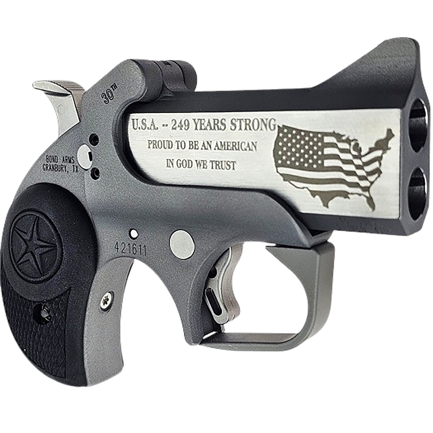 Bond Arms BA30TH-45LC/410 30th Anniversary Rough Series 45 Colt/410 Gauge 2 Shot 3" Engraved Matte Double Barrel Rough Matte Stainless Steel Frame Black Rubber Grips Right Hand