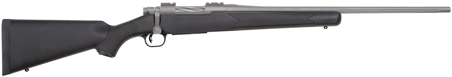 Mossberg 28005 Patriot 243 Win 5+1 22" Stainless Cerakote Fluted Barrel, Stainless Cerakote Receiver Drilled & Tapped, Black Fixed Synthetic Stock, Right Hand